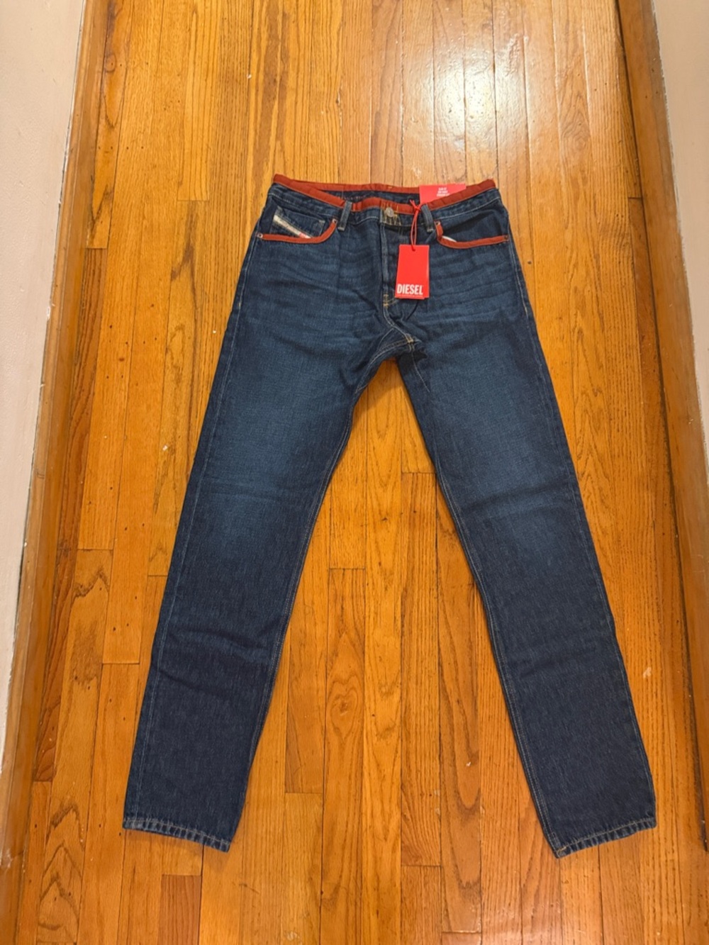 Diesel Men’s 1995 Dark Blue Slim Straight Jeans with Red Trim